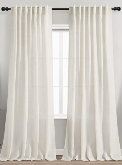 Cream Linen Back Tab Curtains 84 Inch Length for Living Room 2 Panel Set Neutral Modern Farmhouse Window Privacy Semi Sheer Linen Drapes Rustic Pinch Pleated Look Curtain Natural Ivory Colored