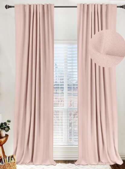 100% Blackout Shield Linen Blackout Curtains for Bedroom,Back Tab/Rod Pocket Living Room Drapes,Thermal Insulated Textured Blackout Curtains 2 Panels Set,Blush Pink,50" W x 84" L