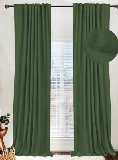 100% Blackout Shield Linen Blackout Curtains for Bedroom 108 Inches Long,Back Tab/Rod Pocket Living Room Drapes,Thermal Insulated Textured Blackout Curtains 2 Panels Set,50" W x 108" L,Moss Green