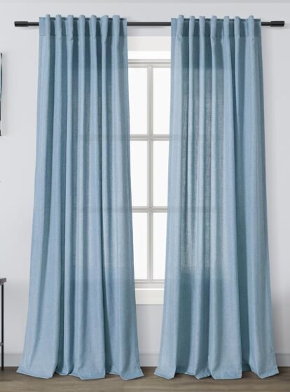 Blue Semi Sheer Linen Curtains 84 inch Length for Living Room Back Tab Modern Farmhouse Coastal Decor Stone Dusty Blue Cotton Textured Gauze Curtains for Dining Room Bedroom Blue Grey