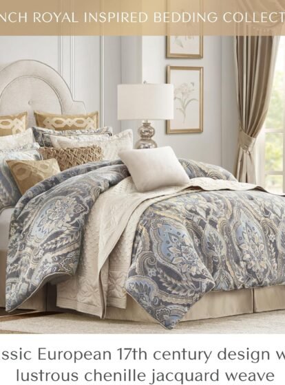 Chenille Jacquard Damask Comforter Set, California King, Blue/Grey 4 Piece