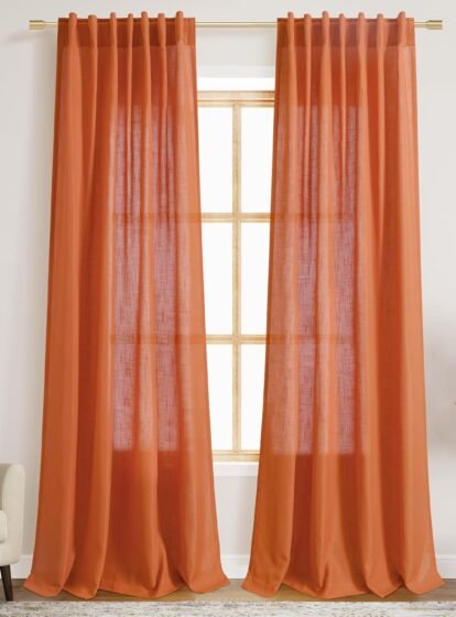 Burnt Orange Curtains 84 inches Long for Living Room Back Tab Linen Textured Semi Sheer Orange Bohemian Farmhouse Window Curtain 2 Panels for Bedroom Halloween Decor Autumn Fall Color Curtains