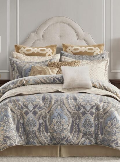 Chenille Jacquard Damask Comforter Set, California King, Blue/Grey 4 Piece