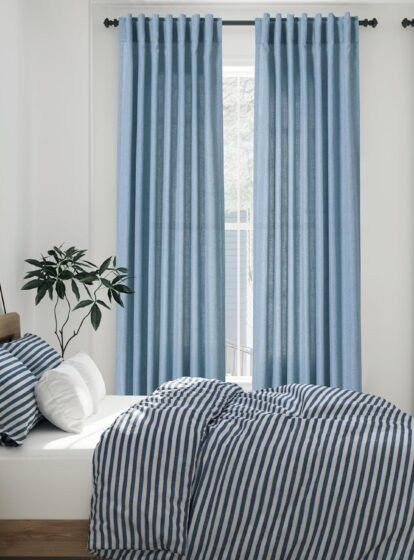 Blue Semi Sheer Linen Curtains 84 inch Length for Living Room Back Tab Modern Farmhouse Coastal Decor Stone Dusty Blue Cotton Textured Gauze Curtains for Dining Room Bedroom Blue Grey